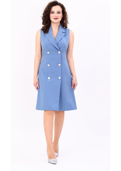 Erkek Yaka Belden Kesik Kuruvaze Elbise-Deniz