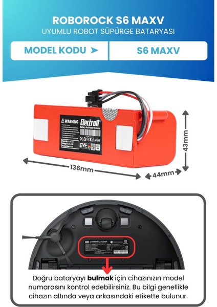 Roborock S6 Maxv Uyumlu Batarya (ORJİNAL KAPASİTE) 5200mah Kutulu Robot Süpürge Pil Değişimi