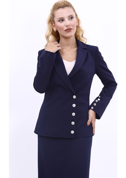 Erkek Yaka Düğme Detaylı Ceket-Lacivert