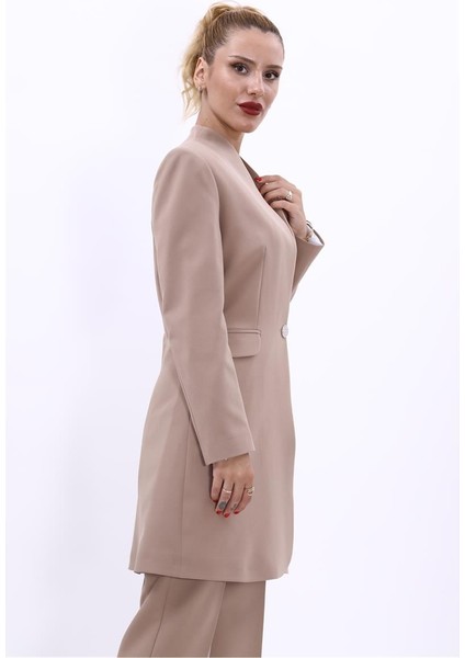 Kendinden Dik Yakalı Tek Düğmeli Uzun Ceket-Taş indirimleri