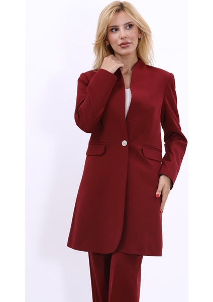 Kendinden Dik Yakalı Tek Düğmeli Uzun Ceket-Bordo
