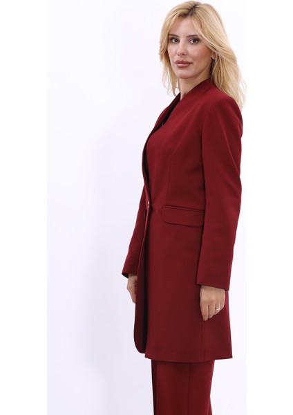 Kendinden Dik Yakalı Tek Düğmeli Uzun Ceket-Bordo fiyatları