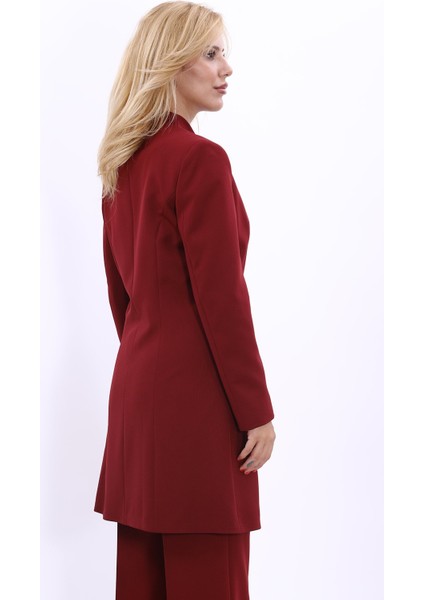 Kendinden Dik Yakalı Tek Düğmeli Uzun Ceket-Bordo modelleri