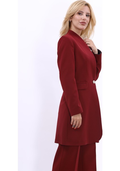 Kendinden Dik Yakalı Tek Düğmeli Uzun Ceket-Bordo fırsatları