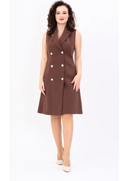 Erkek Yaka Belden Kesik Kuruvaze Elbise-Kestane