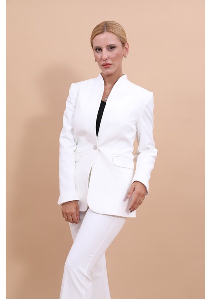 Kendinden Dik Yakalı Ceket-Beyaz