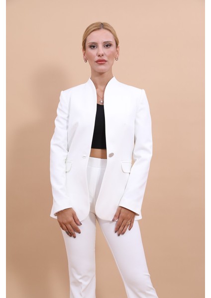 Kendinden Dik Yakalı Ceket-Beyaz modelleri