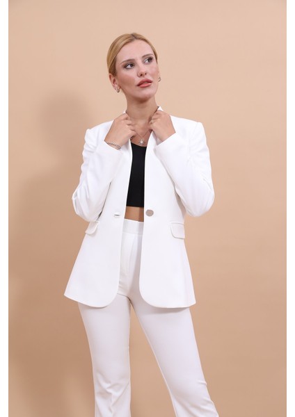 Kendinden Dik Yakalı Ceket-Beyaz fırsatları