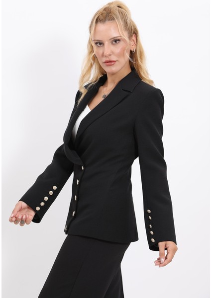 Erkek Yaka Düğme Detaylı Ceket-Siyah