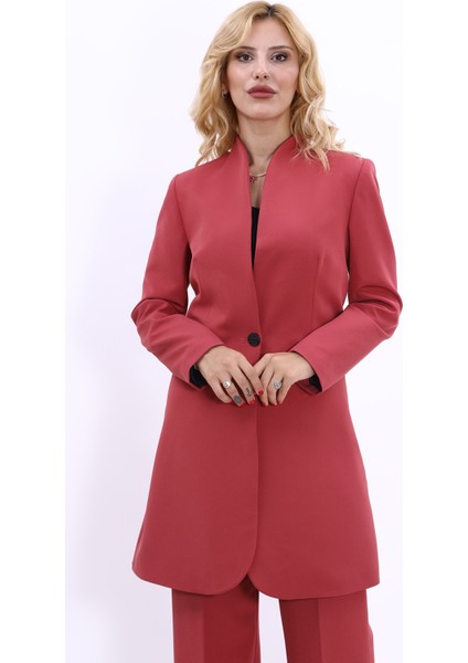 Kendinden Dik Yakalı Tek Düğmeli Uzun Ceket-Kiremit