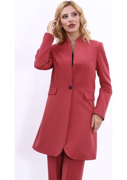 Kendinden Dik Yakalı Tek Düğmeli Uzun Ceket-Kiremit fiyatları