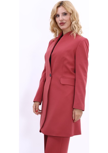 Kendinden Dik Yakalı Tek Düğmeli Uzun Ceket-Kiremit modelleri