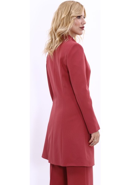 Kendinden Dik Yakalı Tek Düğmeli Uzun Ceket-Kiremit fırsatları