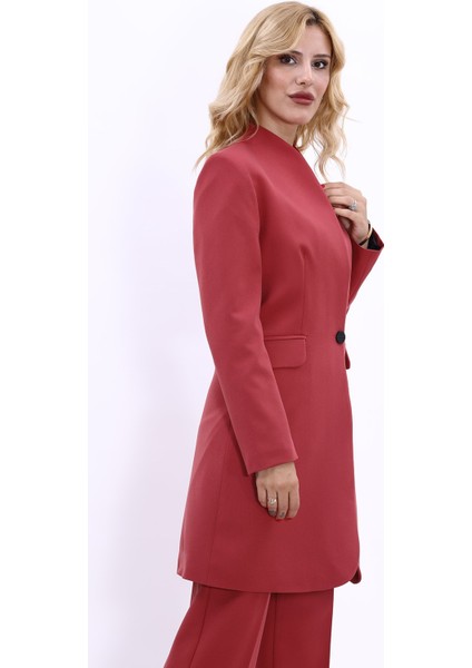 Kendinden Dik Yakalı Tek Düğmeli Uzun Ceket-Kiremit indirimleri