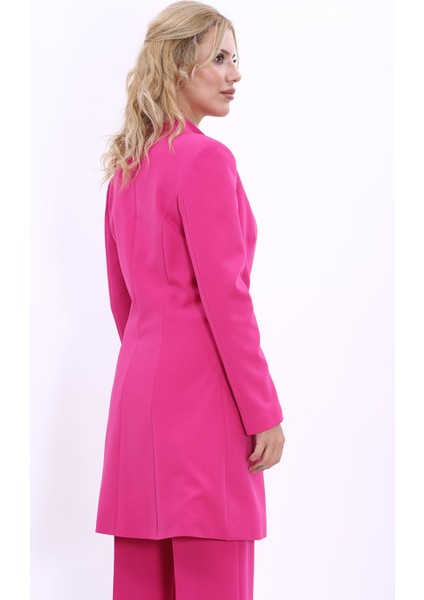 Kendinden Dik Yakalı Tek Düğmeli Uzun Ceket-Fuşya modelleri