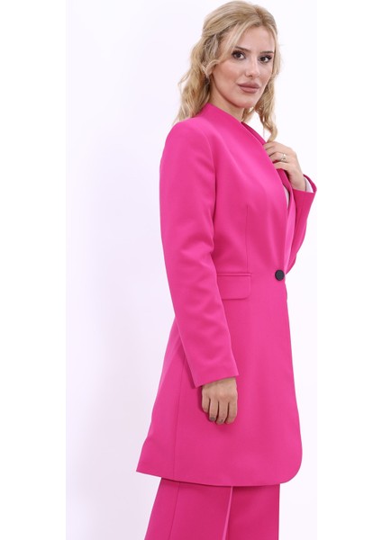 Kendinden Dik Yakalı Tek Düğmeli Uzun Ceket-Fuşya fırsatları