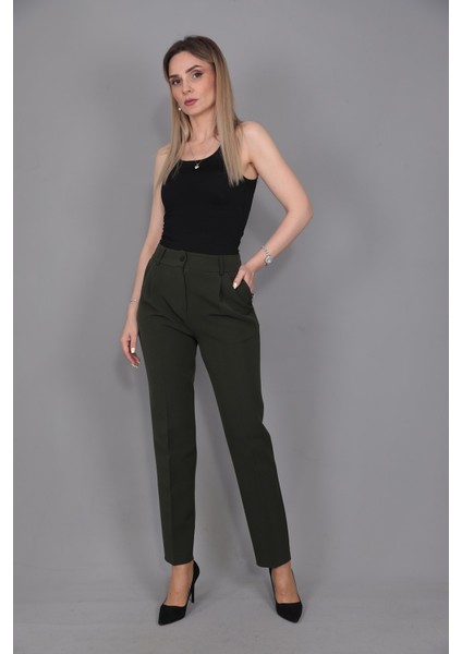 Kemerli Köprülü Dar Paça Pantolon-Haki modelleri