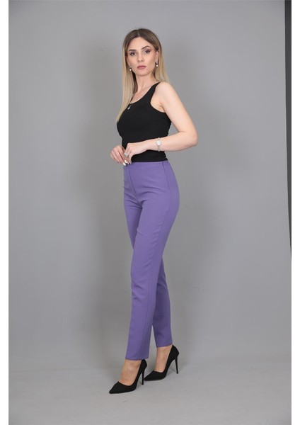 Lastikli Dar Paça Pantolon-Lila modelleri