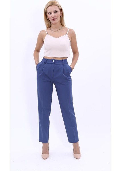 Kemerli Köprülü Dar Paça Pantolon-Indigo