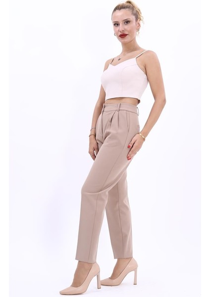 Kemerli Köprülü Dar Paça Pantolon-Taş