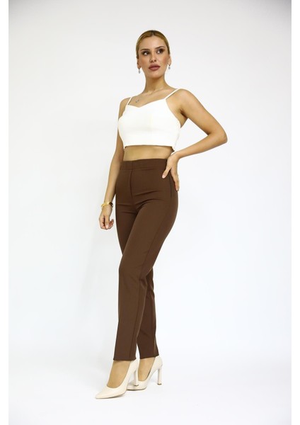 Lastikli Dar Paça Pantolon-Kestane