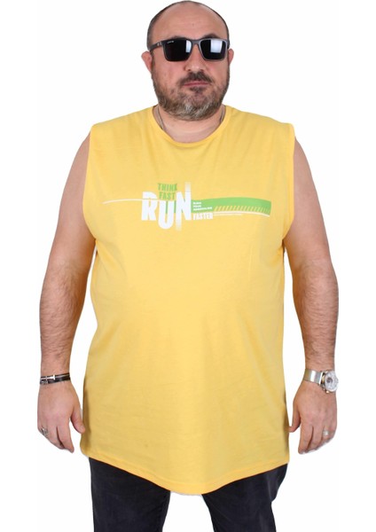 Büyük Beden Baskılı Kolsuz Tişört Think Fast Run 25152 Sarı
