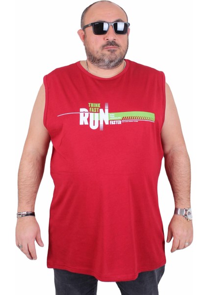 Büyük Beden Baskılı Kolsuz Tişört Think Fast Run 25152 Bordo