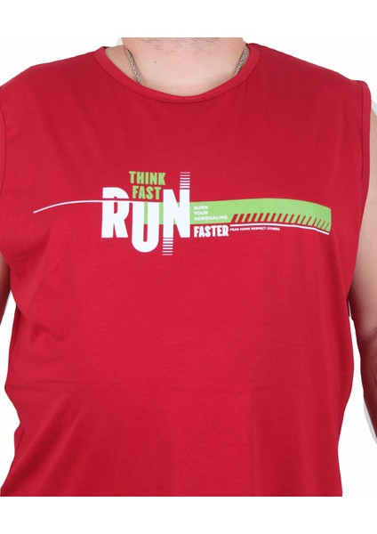 Büyük Beden Baskılı Kolsuz Tişört Think Fast Run 25152 Bordo