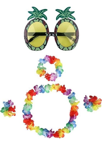 Renkli Ananas Gözlük, Taç, Kolye ve Bileklik Seti