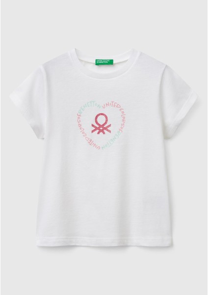 Kız Çocuk Beyaz Simli Benetton Logo Baskılı T-Shirt