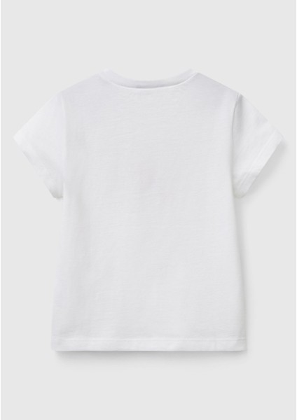 Kız Çocuk Beyaz Simli Benetton Logo Baskılı T-Shirt fiyatları