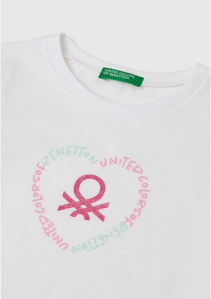 Kız Çocuk Beyaz Simli Benetton Logo Baskılı T-Shirt modelleri