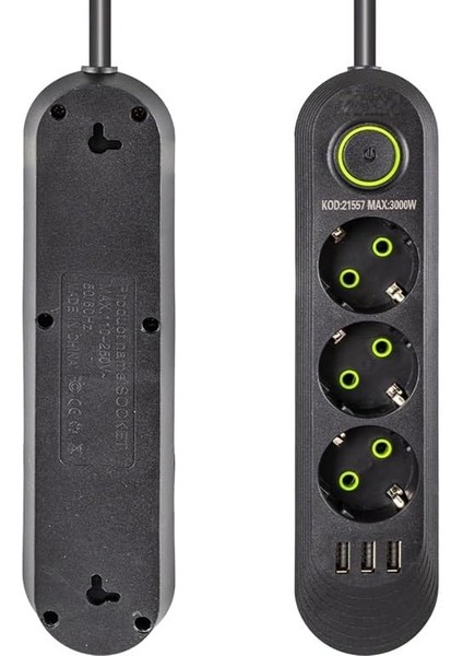 Akım Korumalı Grup Priz, 3 Lü Priz,1.5 Metre Kablolu, 3 USB Li 3000W, 16 Amper, Kablo Üstünde Termal Koruma Sigortalı, Çocuk Korumalı, Topraklı (Sıyah-3)
