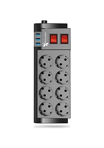 Akım Korumalı 8'li Grup Priz, Isıya Karşı Dayanıklı, 8 x Priz - 3 x USB - 2 Metre Kablo Uzunluğu, Ftr-08