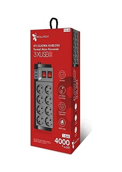 Akım Korumalı 8'li Grup Priz, Isıya Karşı Dayanıklı, 8 x Priz - 3 x USB - 2 Metre Kablo Uzunluğu, Ftr-08