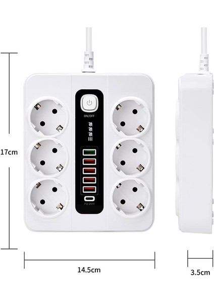 Şarj Istasyonu Girişli Hızlı C Pd 1 Type 5 USB Çoklu Priz Uzatma Kablosu 2 Metre Lı Priz Amper 6 3000W 10 Akım Korumalı Termal Yeni