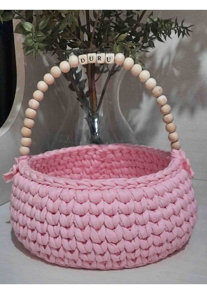 Ahşap Boncuklu Penye Sepet Düzenleyici Sepet
