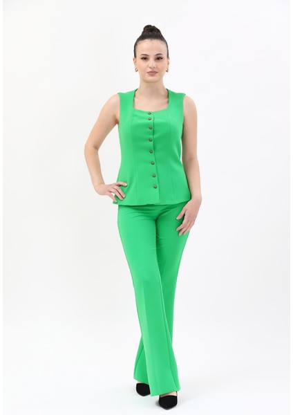 Kare Yaka Kuplu Yelek & Ispanyol Paça Pantolon-Yeşil