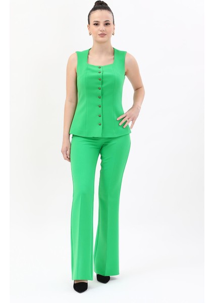 Kare Yaka Kuplu Yelek & Ispanyol Paça Pantolon-Yeşil modelleri
