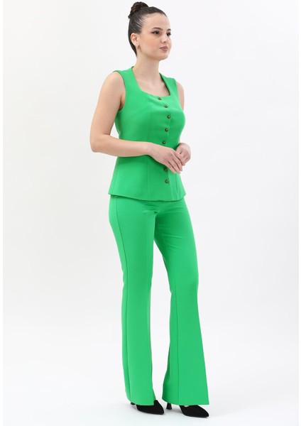 Kare Yaka Kuplu Yelek & Ispanyol Paça Pantolon-Yeşil indirimleri