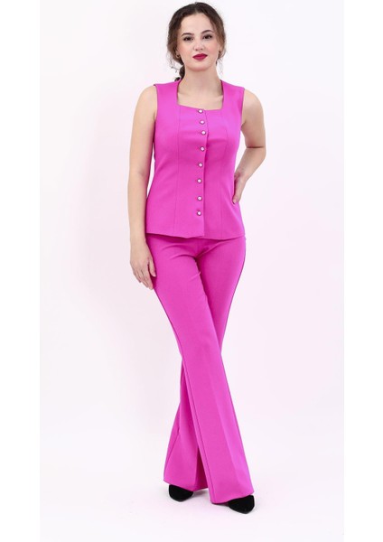 Kare Yaka Kuplu Yelek & Ispanyol Paça Pantolon-Fuşya