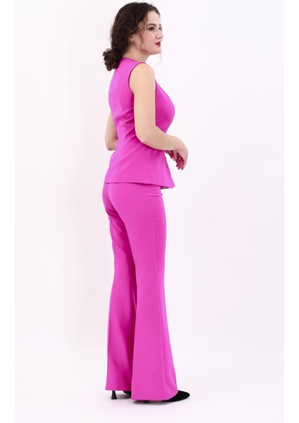 Kare Yaka Kuplu Yelek & Ispanyol Paça Pantolon-Fuşya fiyatları