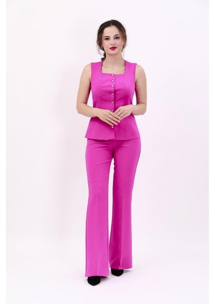 Kare Yaka Kuplu Yelek & Ispanyol Paça Pantolon-Fuşya modelleri