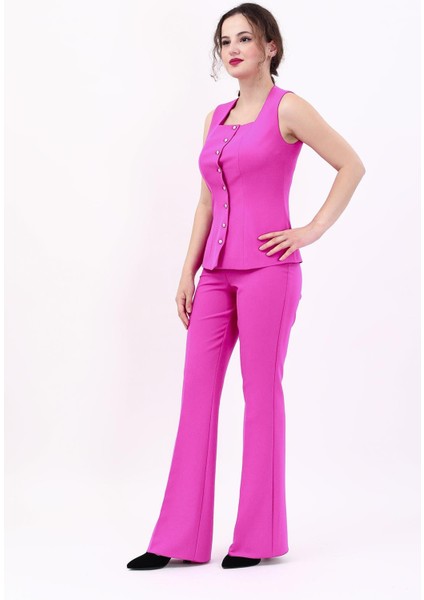 Kare Yaka Kuplu Yelek & Ispanyol Paça Pantolon-Fuşya fırsatları