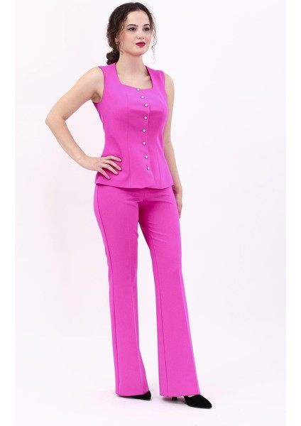 Kare Yaka Kuplu Yelek & Ispanyol Paça Pantolon-Fuşya indirimleri