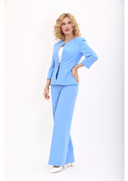 Sıfır Yaka Düz Kısa Ceket & Bol Paça Pantolon Takım-Gökyüzü