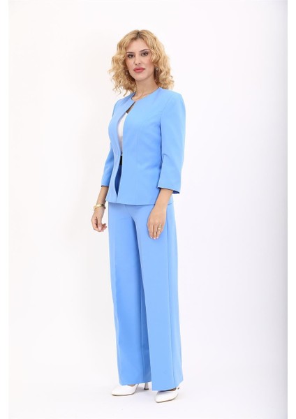 Sıfır Yaka Düz Kısa Ceket & Bol Paça Pantolon Takım-Gökyüzü fiyatları