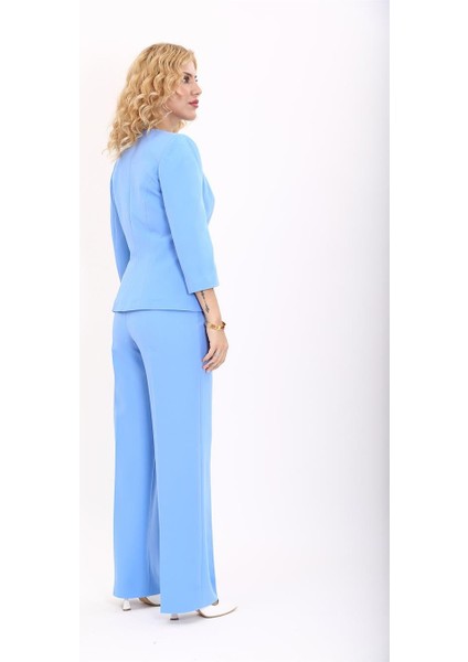 Sıfır Yaka Düz Kısa Ceket & Bol Paça Pantolon Takım-Gökyüzü modelleri