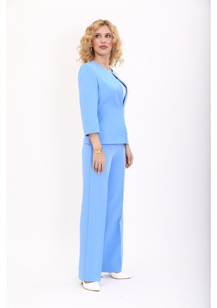 Sıfır Yaka Düz Kısa Ceket & Bol Paça Pantolon Takım-Gökyüzü fırsatları