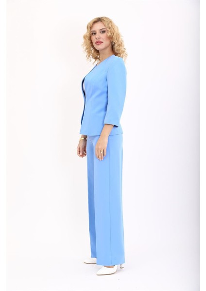 Sıfır Yaka Düz Kısa Ceket & Bol Paça Pantolon Takım-Gökyüzü indirimleri